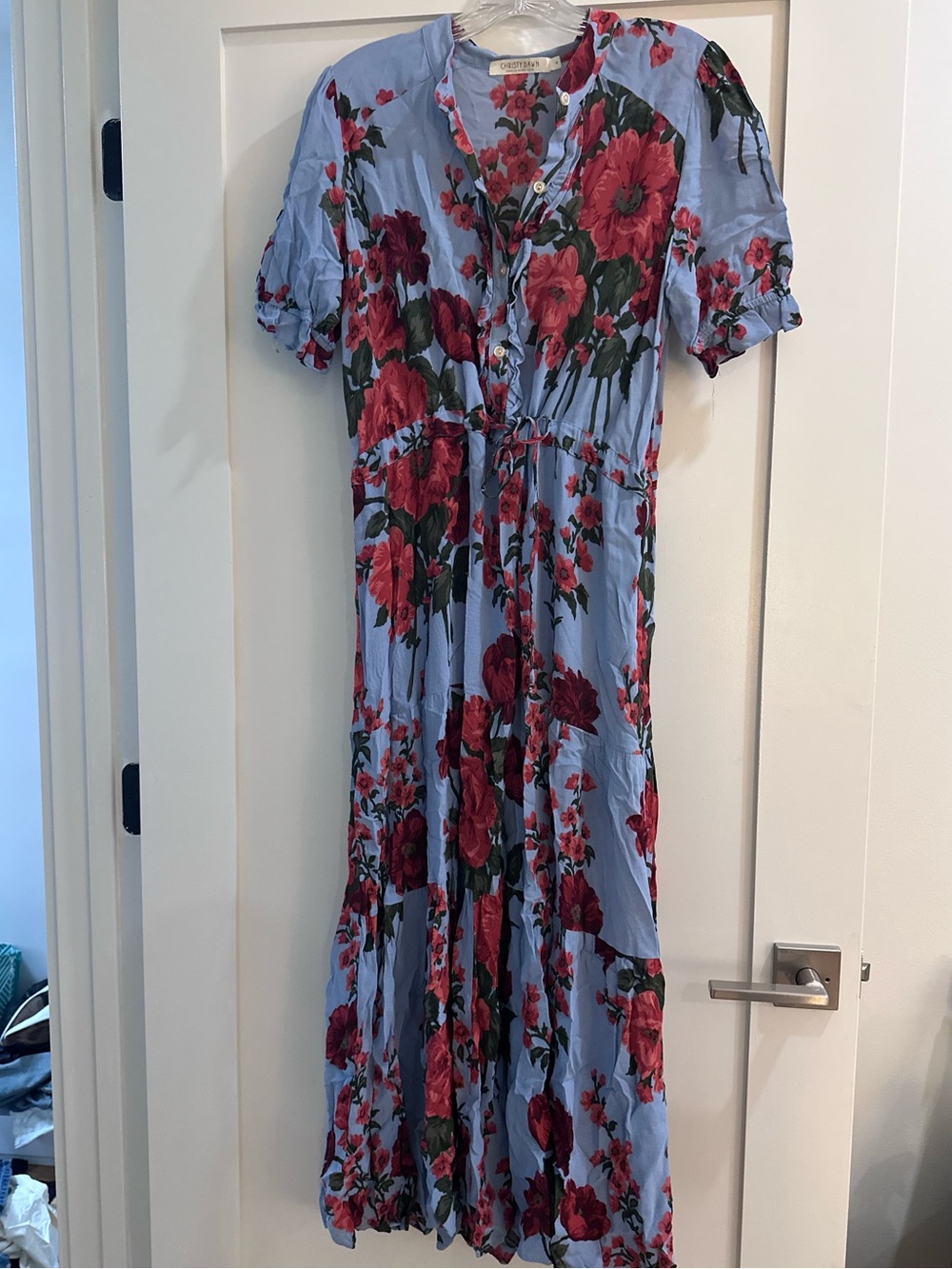 Christy Dawn Light Blue Maxi Dress with Red Floral Print